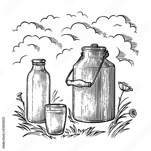 healthy Breakfast drawing sketch glass milk bottle iron can cup vector illustration