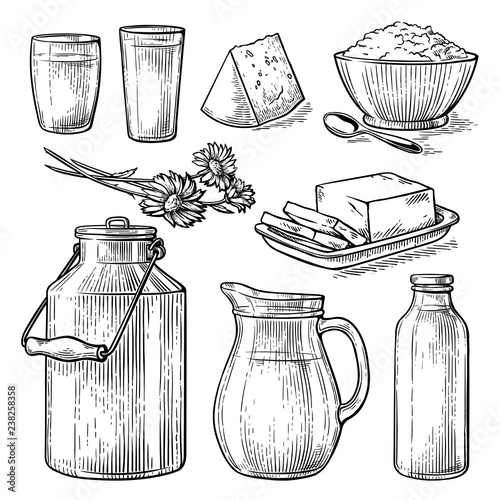 collection items dairy products drawing sketch glass milk bottle iron can cup cheese flowers crumbly curd vector illustration