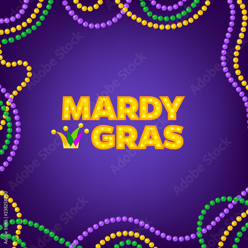 Mardi Gras carnival background with colorfull beads frame. Text with Jesters hat. Vector illustration Isolated on purple.