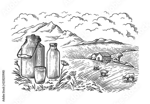 healthy Breakfast drawing sketch glass milk bottle iron can cup field cow vilage vector photo