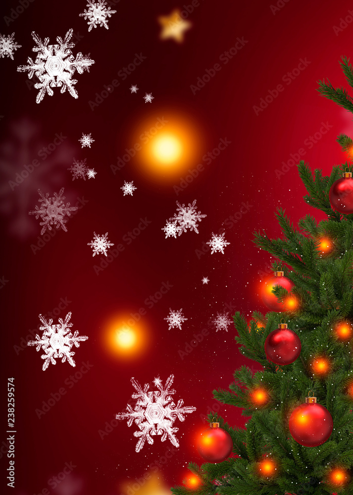 Red Christmas background with Christmas tree and balls. Beautifully decorated Christmas tree against color background, closeup