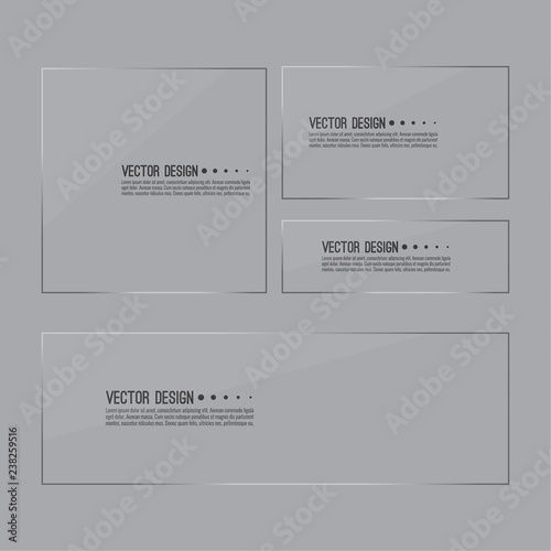 Set of glass panels. Vector transparent  glossy banner on grey background.