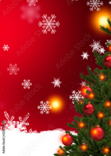 Red Christmas background with Christmas tree and balls. Beautifully decorated Christmas tree against color background, closeup
