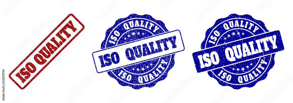 ISO QUALITY scratched stamp seals in red and blue colors. Vector ISO QUALITY imprints with scratced effect. Graphic elements are rounded rectangles, rosettes, circles and text captions.