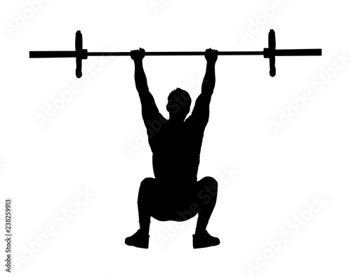 Weightlifter in gym vector silhouette illustration isolated on white background. Working out. Sports guy doing exercise with barbell. Sports man body builder in training. Health and fitness trainer.