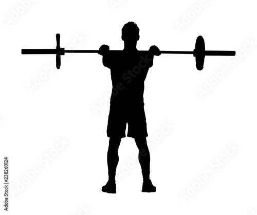 Weightlifter in gym vector silhouette illustration isolated on white background. Working out. Sports guy doing exercise with barbell. Sports man body builder in training. Health and fitness trainer.