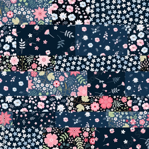 Seamless patchwork pattern from floral patches. Vector illustration. Blanket, wrapping, print for fabric.