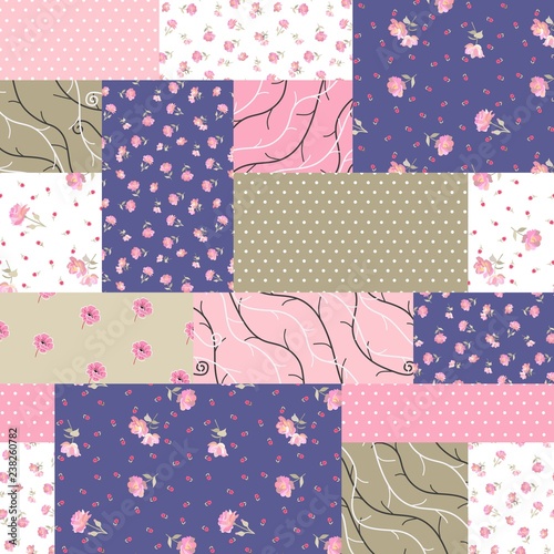 Seamless patchwork pattern from different patches with pink flowers, branches and polka dot ornament. Vector illustration.