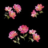 Embroidery rose flowers. Vector set of floral bouquets isolated on black background.