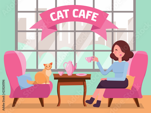 Interior of cat cafe with large window, woman and Kitty in comfortable arnchairs, coffee on table. Girl and cat Tea party. Spending time with pet. Flat cartoon vector illustration in mint pink colors
