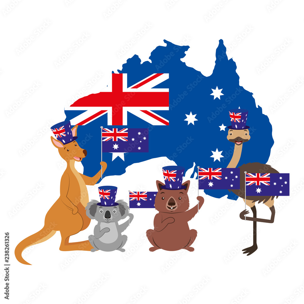 kangaroo koala wombat and emu australian flag map Stock Vector | Adobe ...