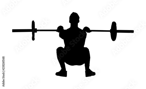 Weightlifter in gym vector silhouette illustration isolated on white background. Working out. Sports guy doing exercise with barbell. Sports man body builder in training. Health and fitness trainer.