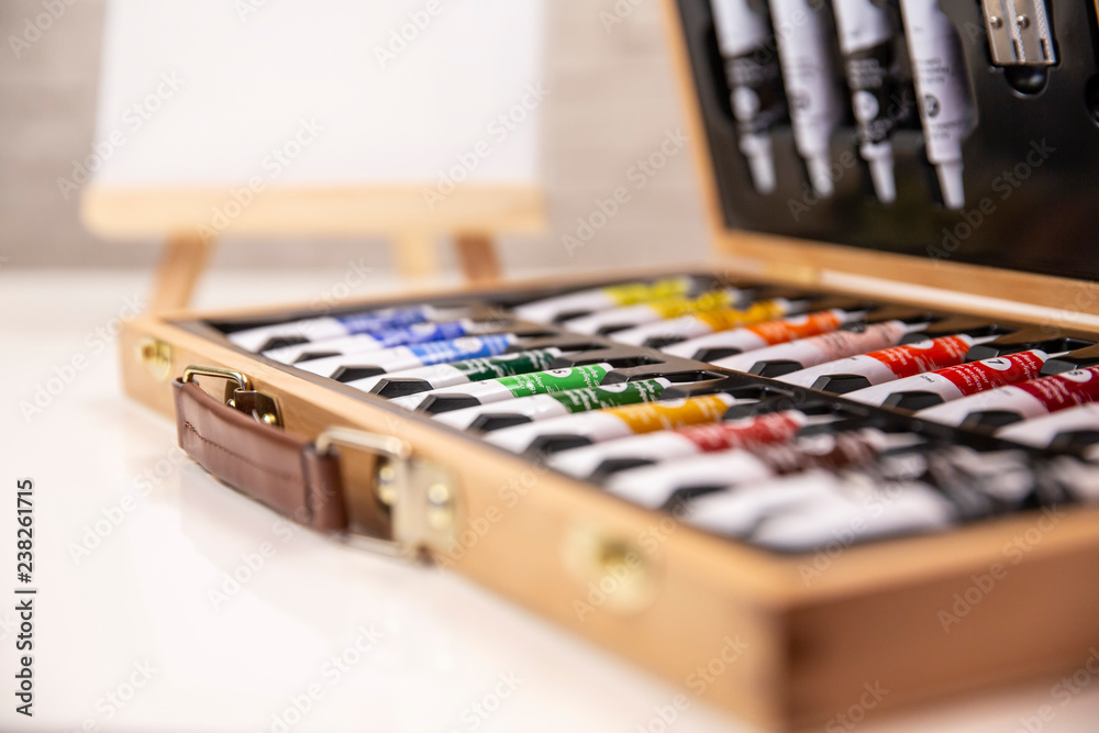 Fototapeta premium Creative wooden case for drawing with watercolors