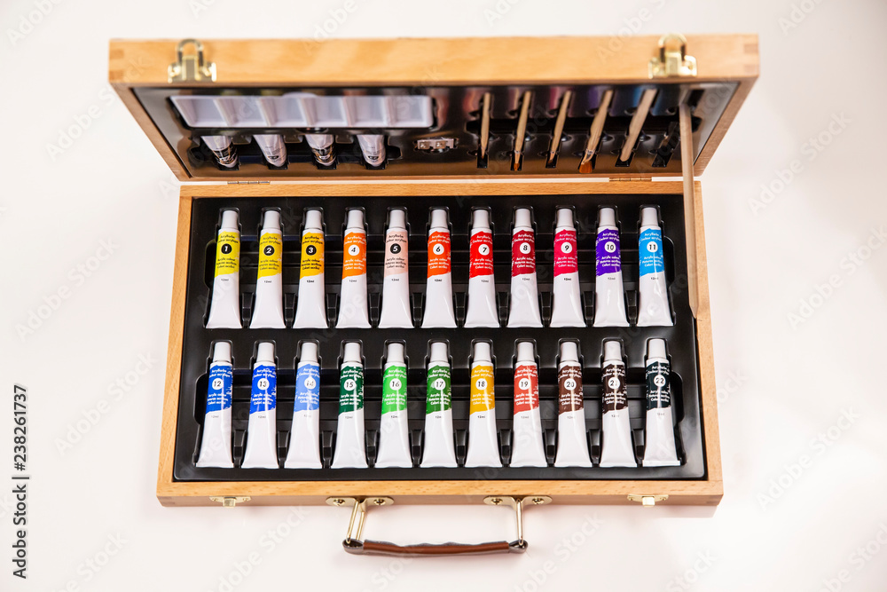 Wooden case paint set with colors top view Wooden case paint set with colors top view