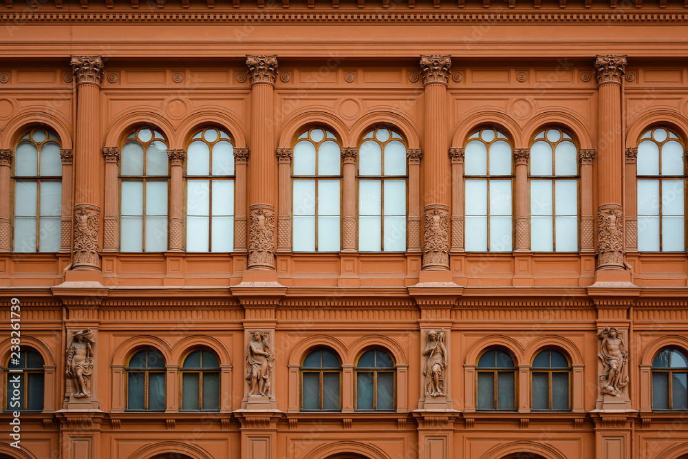 Facade of the Art Museum Riga Bourse on the Dome Square, historic building in the style of Venetian renaissance palazzo.