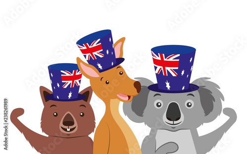 kangaroo koala and wombat with hat australian flag