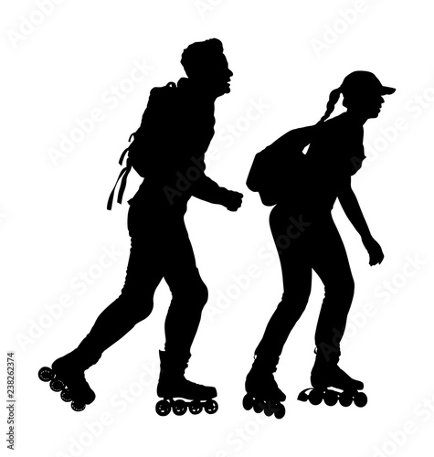Roller skating couple in love enjoying in park vector silhouette isolated on white background. Skater boy riding wheels with skater girl. Young woman and man rollerblading with backpacks. Healthcare.