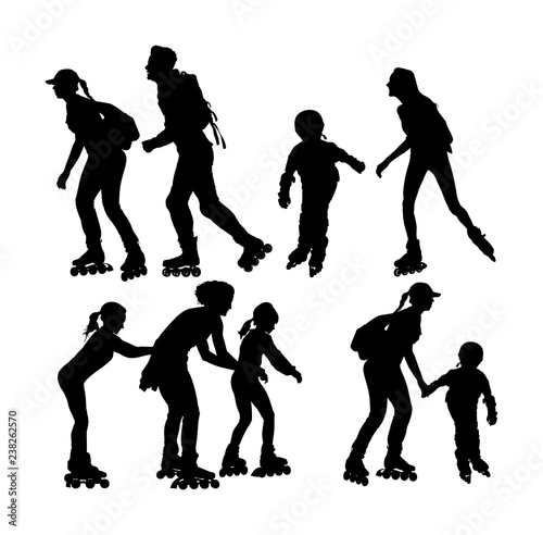 Roller skating couple in love enjoying in park vector silhouette isolated on white background. Skater boy riding wheels with skater girl. Woman and man family rollerblading with backpacks. Healthcare.