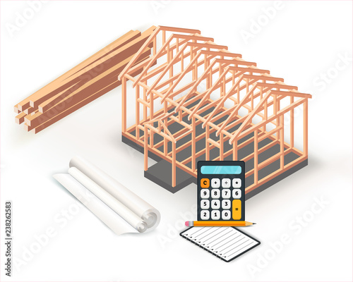 Timber frame house base construction design. Architecture project building, planning and calculations on paper roll. .Isometric concept. Wood frame under construction. Isolated object. Vector image