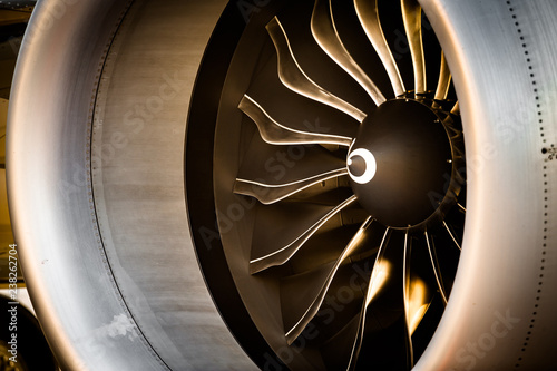 Close up view of Jet engine turbine
