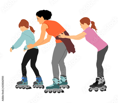Roller skating girls with mother in park rollerblading vector illustration isolated on background. In-line skating happy family on roller skating. Mothers day with kids outdoor after work activity