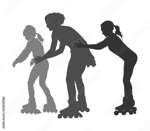 Roller skating girls with mother in park rollerblading vector silhouette isolated on white background. In-line skating happy family on roller skating. Mothers day with kids outdoor after work activity
