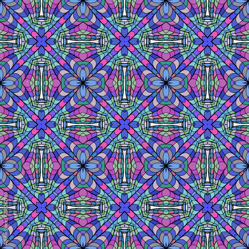 Seamless square bright pattern from geometrical abstract ornaments multicolored in blue, green and violet shades. Vector illustration. Suitable for fabric, wallpaper and wrapping paper