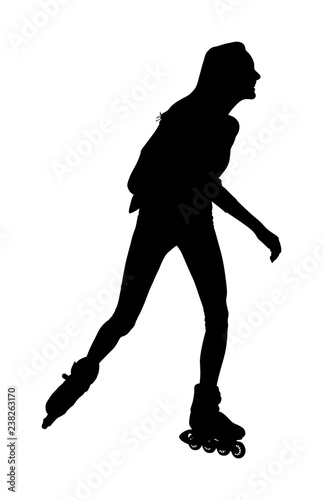 Roller skating girl in park rollerblading vector silhouette isolated on white background. In-line skating. Young woman with backpack on roller, sport action outdoor. Active life in park, health care.