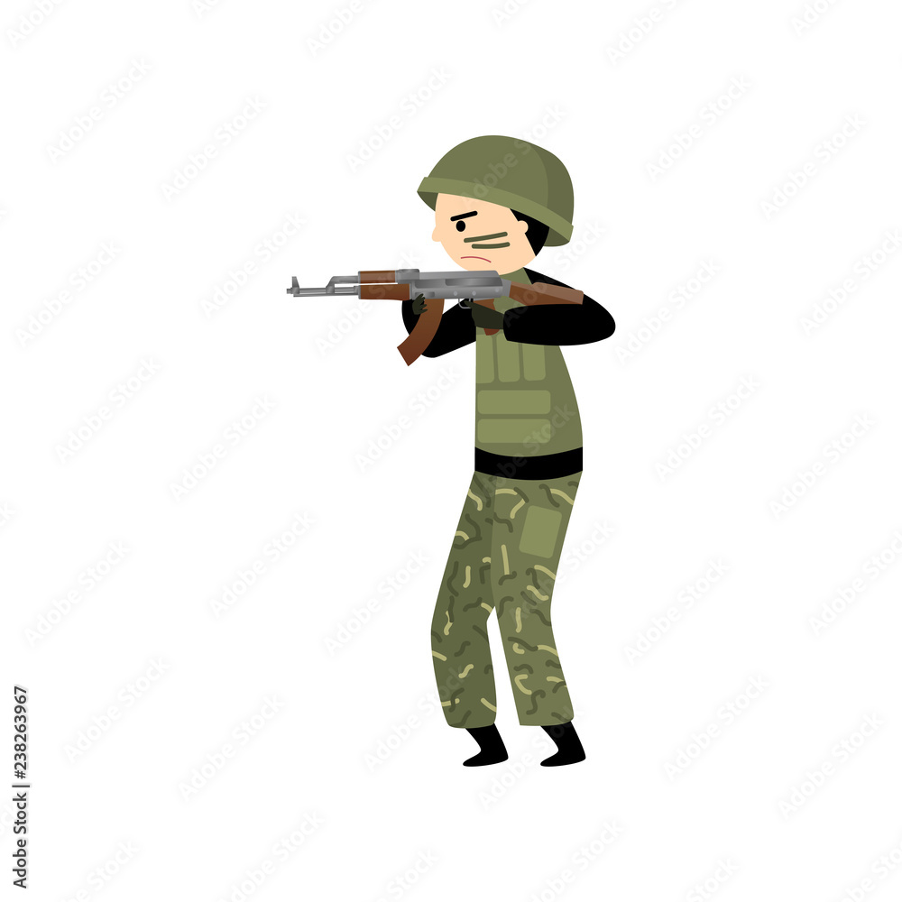 Military man in uniform, hard hat and combat paint trains skills in combat. Military man in uniform, hard hat and combat paint trains skills in combat.