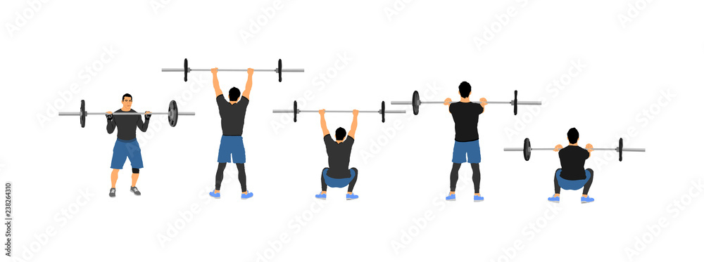 Weightlifter in gym vector illustration isolated on white background. Working out. Sports guy doing exercise with barbell. Sports man body builder in training. Health and fitness, personal trainer.