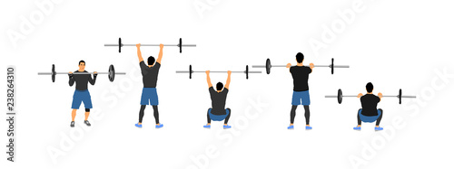 Weightlifter in gym vector illustration isolated on white background. Working out. Sports guy doing exercise with barbell. Sports man body builder in training. Health and fitness  personal trainer.