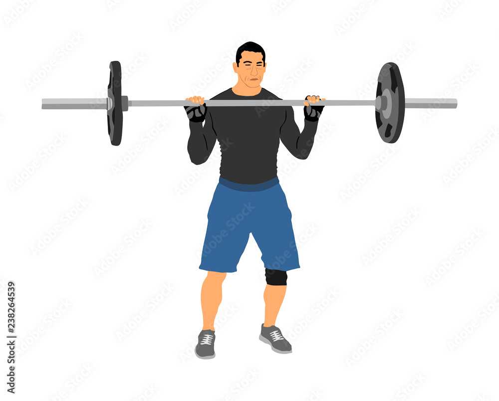 Weightlifter in gym vector illustration isolated on white background. Working out. Sports guy doing exercise with barbell. Sports man body builder in training. Health and fitness. Personal trainer. Weightlifter in gym vector illustration isolated on white background. Working out. Sports guy doing exercise with barbell. Sports man body builder in training. Health and fitness. Personal trainer.