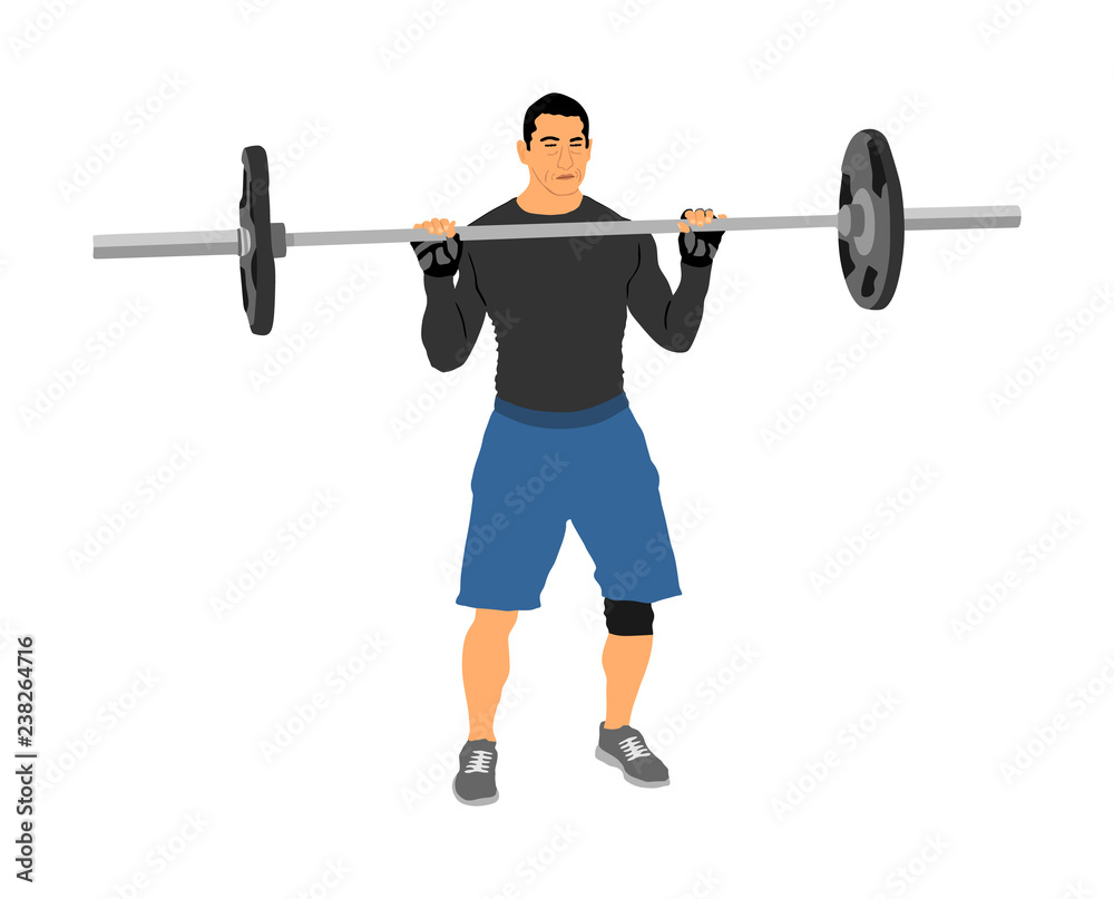 Weightlifter in gym vector illustration isolated on white background. Working out. Sports guy doing exercise with barbell. Sports man body builder in training. Health and fitness. Personal trainer. Weightlifter in gym vector illustration isolated on white background. Working out. Sports guy doing exercise with barbell. Sports man body builder in training. Health and fitness. Personal trainer.