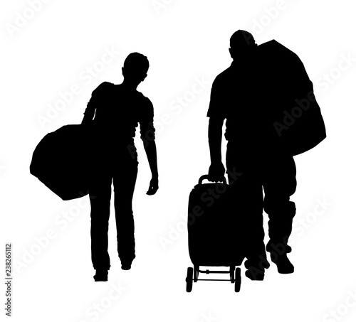 Passenger couple with luggage walking at airport vector silhouette. Traveler with many bags go home. Man and woman carry baggage. People with heavy cargo load waiting taxi after vacation holiday.