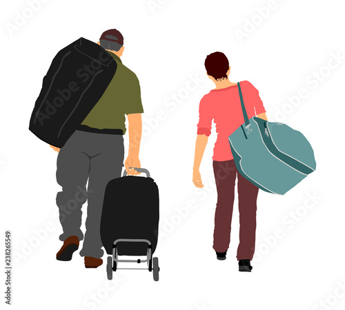 Passenger couple with luggage walking at airport vector illustration. Traveler with many bags go home. Man and woman carry baggage. People with heavy cargo load waiting taxi after vacation holiday.