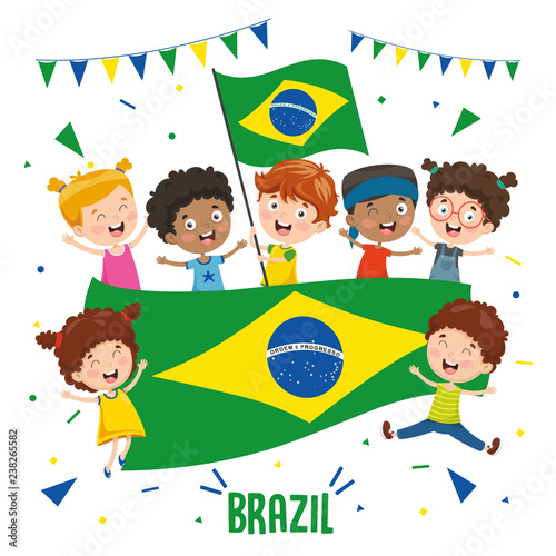 Vector Illustration Of Children Holding Brazil Flag