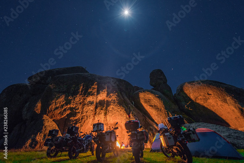 motorcycle camping at a boulder landscape