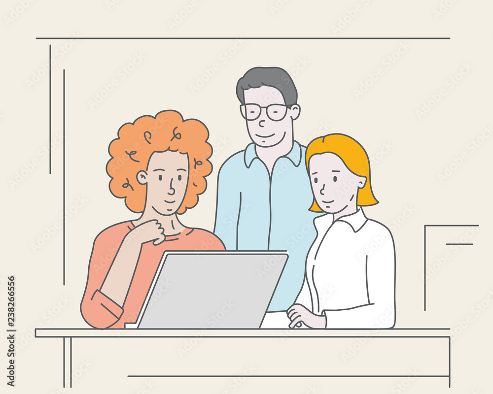 Business team on meeting, brainstorming, working on laptop, discussion of the project - vector flat linear illustration Business team on meeting, brainstorming, working on laptop, discussion of the project - vector flat linear illustration