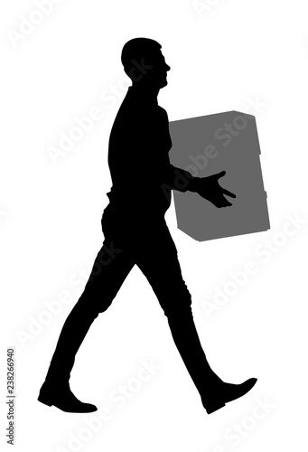 Delivery man carrying boxes of goods vector silhouette.Post man with package . Distribution boy holding heavy package for moving service. Handy man walking in move action. Hand transportation method.