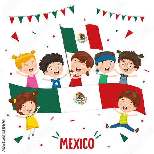 Vector Illustration Of Children Holding Mexico Flag