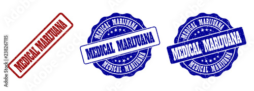 MEDICAL MARIJUANA scratched stamp seals in red and blue colors. Vector MEDICAL MARIJUANA labels with grainy effect. Graphic elements are rounded rectangles, rosettes, circles and text labels.