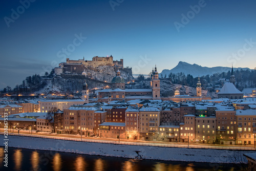 Famous view of Salzburg and the fortress Hohensalzburg in winter, Austria