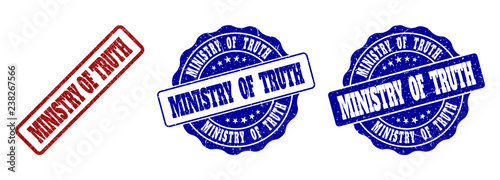 MINISTRY OF TRUTH grunge stamp seals in red and blue colors. Vector MINISTRY OF TRUTH signs with grunge texture. Graphic elements are rounded rectangles, rosettes, circles and text tags.