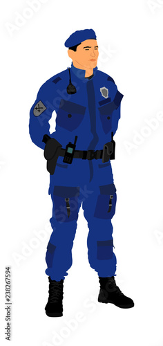 Police Officer on duty vector illustration isolated on white background. Police man in uniform portrait. Public protect for citizens. Law and order, justice for all people.