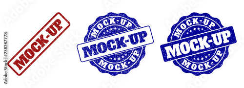 MOCK-UP grunge stamp seals in red and blue colors. Vector MOCK-UP watermarks with grunge style. Graphic elements are rounded rectangles, rosettes, circles and text captions.