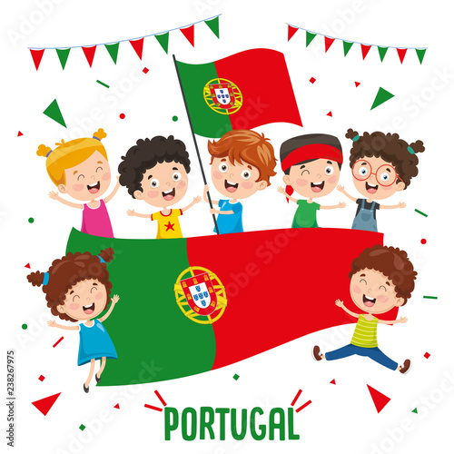 Vector Illustration Of Children Holding Portugal Flag