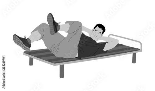 Sport man doing crunches vector illustration isolated on white background. Fitness instructor demonstrated exercise. Personal trainer in gym.  Work out recreation. Healthy athlete boy outdoor activity