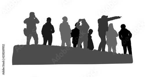 People traveling and having rest. Group of tourist on top of the hill vector silhouette. Hikers with backpacks enjoying valley view from mountain. Rescue team observers. Passenger crew on vacation.