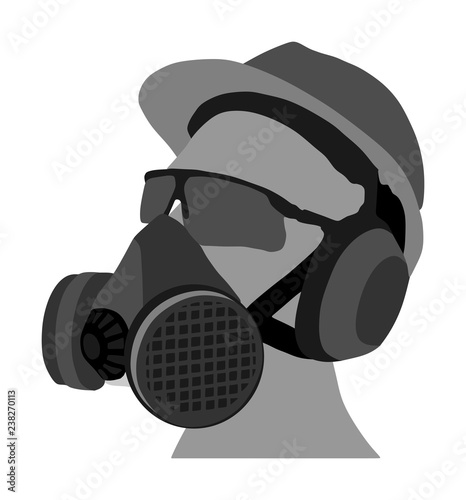 Worker with helmet, gas mask and protect glasses vector isolated on white background. Protective gear. Laborer equipment for engineer. Bio hazard equipment against air contamination. Oil platform kit.
