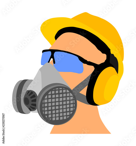 Worker with helmet, gas mask and protect glasses vector isolated on white background. Protective gear. Laborer equipment for engineer. Bio hazard equipment against air contamination. Oil platform kit.